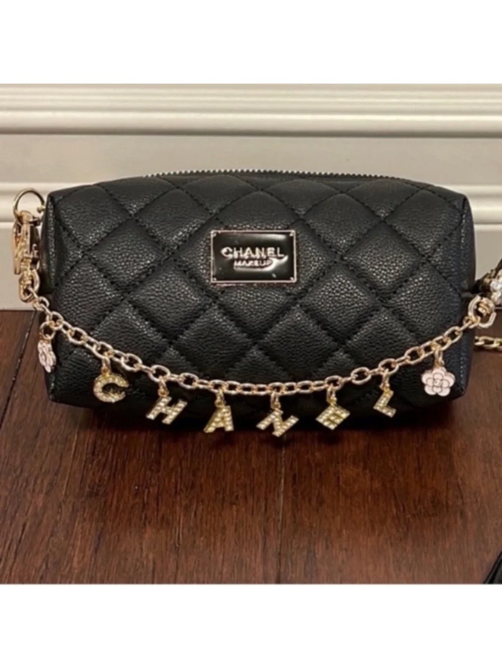 CHANEL Gold-Tone Charm Chain Strap with Crystal Lettering